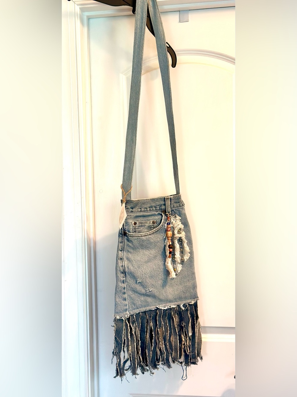 Unique BOHO Handmade Crossbody Upcycled Denim Fringed W/Beads Bag